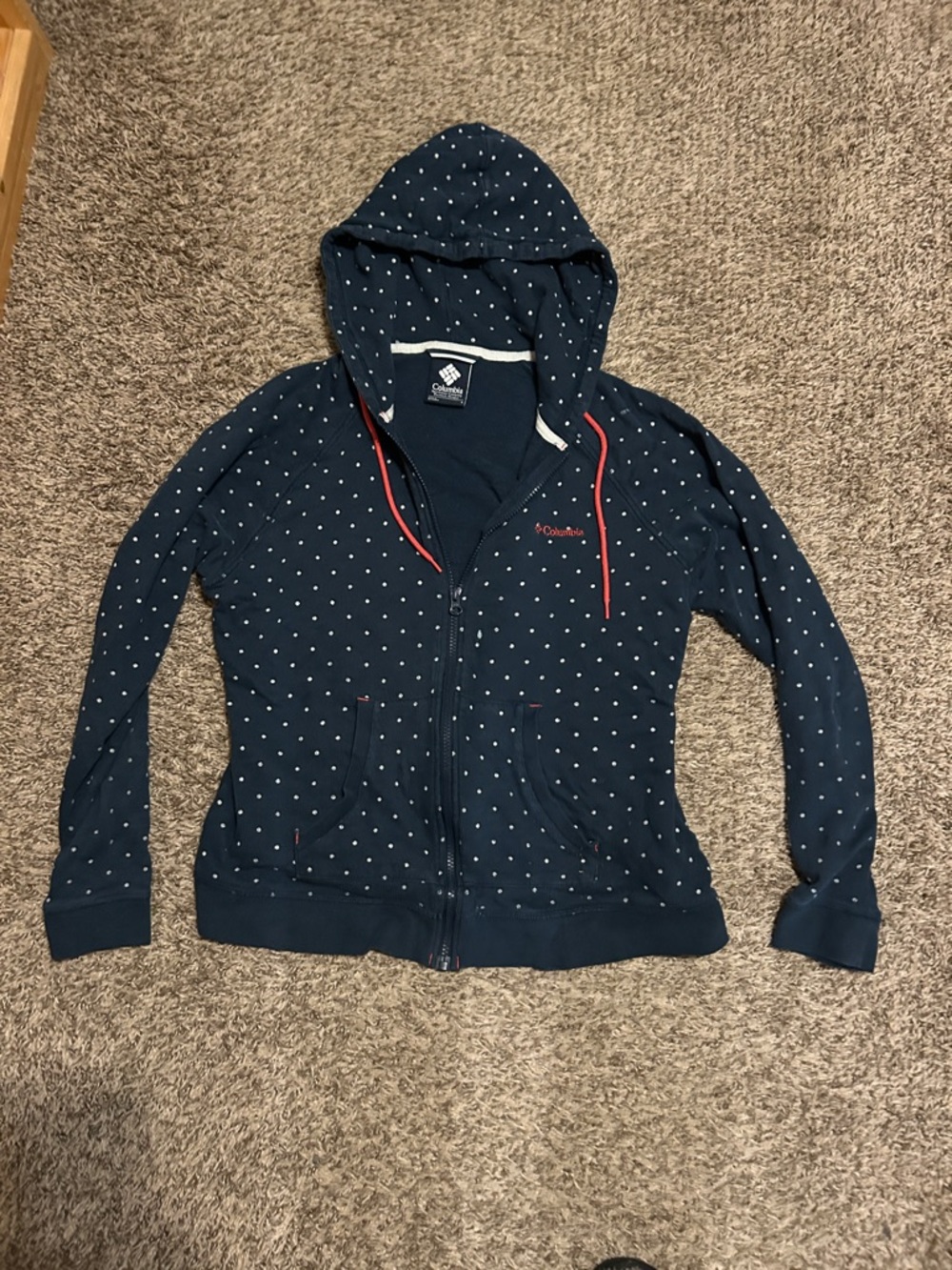 Columbia Navy Polka Dot Full-Zip Hoodie with Red Drawstrings